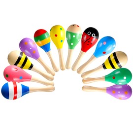LOOIKOOS 12 PCS Mini Wood Festival Maracas for Kids Toys, Wooden Instruments Festival Painting, Wooden Carnival Maracas Baby Party Favors(Random Colors)