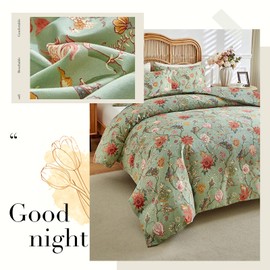 MKXI Farmhouse Floral Comforter Set Gorgeous Bed Comforter Print Orange Pink Flowers On Green Queen Size Botanical Comforters Vine Pattern Aesthetic Bedding Comforter for All Season