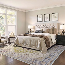 Enqinar 6x9 Area Rugs for Living Room, Vintage Soft Machine Washable Rug, Non Slip Low Pile Stain Resistant Boho Rug Floor Carpet for Bedroom, Dining Room, Nursery, Green