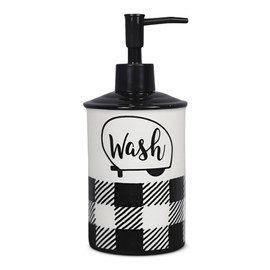 Young's Inc Ceramic Soap Dispenser, Happy Camper Buffalo Plaid Shampoo and Conditioner Dispenser, Modern Bathroom Essential with Plastic Pump, 5"