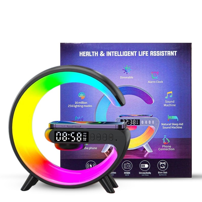 OrionMart Alarm Clock G Shaped Bedside Lamp Wireless Charger &