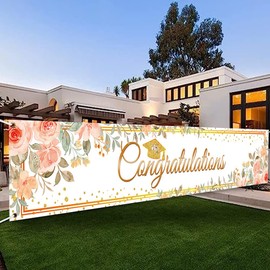 DOTOOMA 9.8x1.6ft Pink Flower Graduation Theme Yard Long Banner Outdoor Indoor Garden Sign Green Leaves Graduation Party Polyester Fabric Decorations Supplies Polyester