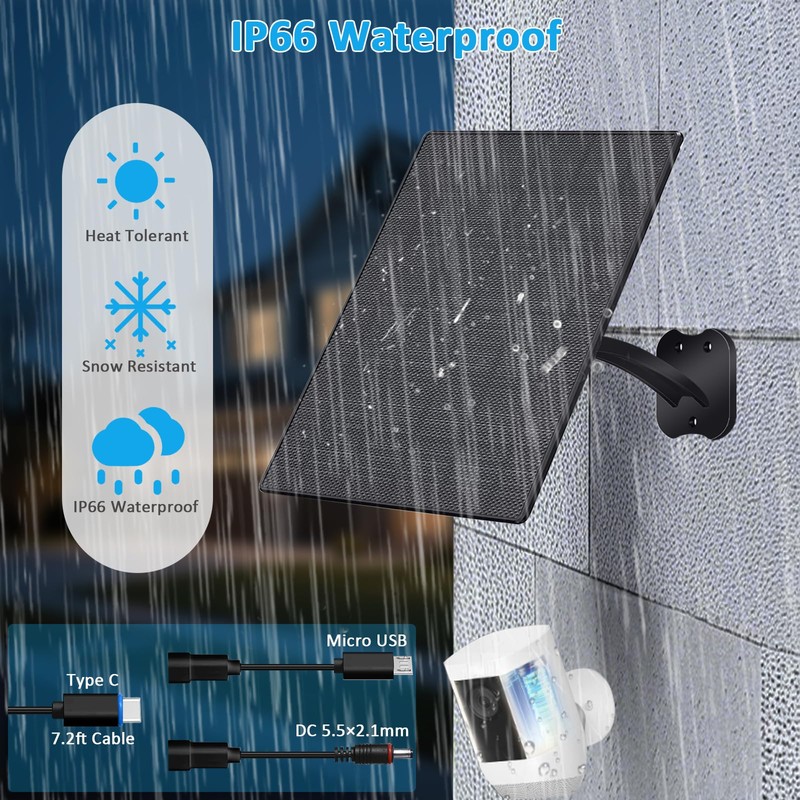 10W Solar Panel for Security Cameras, DC/USB-C/USB, Black, 2 Pack