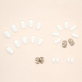 Reusable Stick On Nails - Short Long French Tips, Acrylic False Nails with Glue, 24PCS (Cream Gold Diamond)