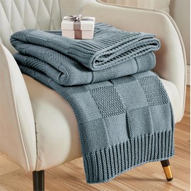 CozeCube Knit Throw Blanket, Blue Checkered Throw Blanket for Couch, Soft Cozy Warm Knitted Throw Blanket for Bed Sofa Living Room, 60"X80", Dusty Blue