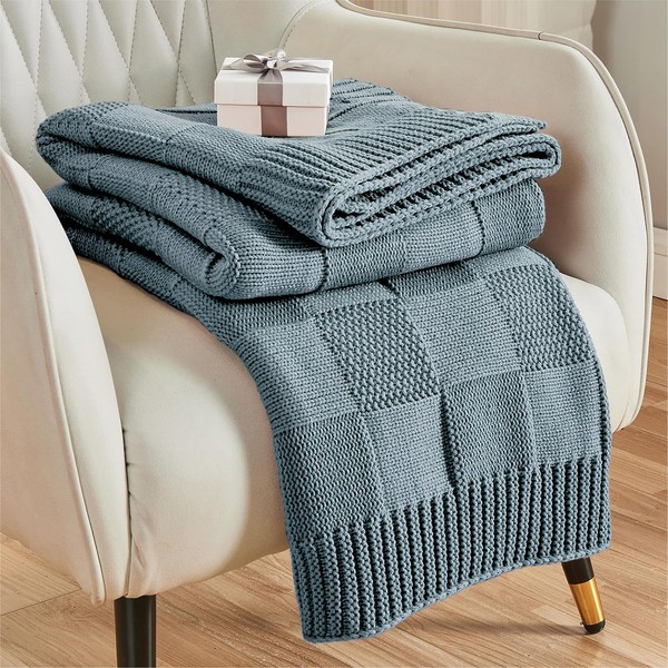 CozeCube Knit Throw Blanket, Blue Checkered Throw Blanket for Couch,