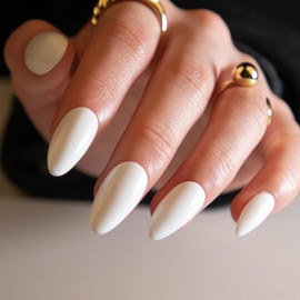 White Press on Nails Upgrade Medium Almond Pure Color Acrylic Nails Set Reusable Fake Nails Almond Nails White Glue on Nails White Stick on Nails White False Nails with Design for Women Manicure 24pcs