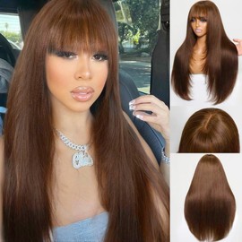 KLAIYI Brown Yaki Straight Lace Front Wig with Bangs Human Hair Chocolate Brown Layer Cut Glueless Bang Wigs for Women 4x2 HD Transparent Lace Part Chestnut Ginger Brown Kinky Wig Pre Plucked 18Inch