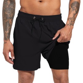 Men's Swim Trunks Quick Dry Beach Shorts with Compression Liner Swimming Shorts with Zipper Pockets Black XL