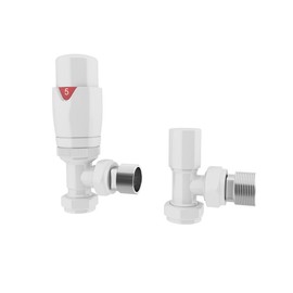 UK Radiators Thermostatic Radiator Valve (TRV) 15mm Angled Lockshield Valve in Glossy White Colour - Energy Saving 1/2" x 15mm Brass Angled Radiator Valve