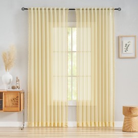 Pom Pom Sheer Yellow Curtains for Living Room Bedroom 52 x 72 Inch Slub Linen Texture Curtain Panels for Nursery Kids Room Airy & Light Filtering Solid Pencil Pleat Tape Top Voile Window Drapes 2 Pack