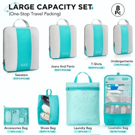 8 Set Compression Packing Cubes for Travel Essentials,Compressible Expandable Packing Cubes for Suitcase,OlarHike Luggage Organizer Bags for Travel,Handy Helper for Organizing Clothes(Blue Green)