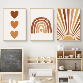 Herfair Set of 3 Posters for Children's Room, Boho Decorative Pictures, Baby Room, Wall Pictures, Bedroom, Sun, Rainbow, Baby Room, Wall Decoration, Girls, Boys, without Frame (B, 30 x 40 cm)