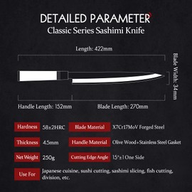 HEZHEN 270mm Yanagiba Knife, Japanese Style Sashimi Knife, D-Shaped Olive Wood Handle With Sheath