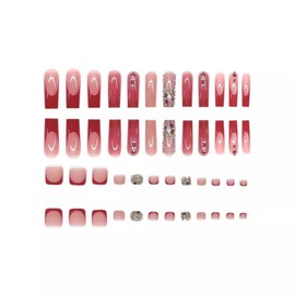 48Pcs Red French Tips Press on Nails Rhinestone Press on Toenails Long Square Fake Nails with Diamond Charm Design Short Square False Toenails Glossy Skin Tones False Nails for Women DIY Manicure