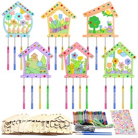BROVITI 12Pack DIY Greenhouse Wind Chime Kit Make Your Own Birdhouse Wind Chime Wooden Crafts DIY Coloring Sping Horseshoe Craft for Girls Boys for Art School Activity Birthday Party Supplies