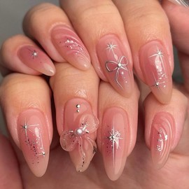 AkiliBIELY Press on Nails Almond Medium Silver Pink Bare Bow Star Pearl Ombre Fake Nails Women Glue on Nails Acrylic Gel Stick on Nails Cute Fantasy Classy Bling False Nails Wedding Birthday