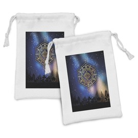 Ambesonne Geometry Fabric Pouch Set of 2, Hexagon Form with the Eye in the Centre on Starry Night Mystic Image, Small Drawstring Bag for Toiletries Masks and Favors, 9" x 6", Multicolor