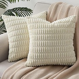 Topfinel Plain Cream Cushion Cover 18x18 inches Scatter Pillow Covers 45 x 45 Set of 2 Corduroy Fluffy Cushion Cover