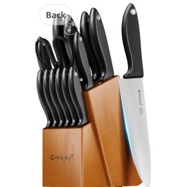 Kitchen 15-Piece Kitchen Knife Set,Sharpener Wooden Block,Serrated Steak Knives,Black