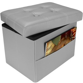 FujDun® Folding Storage Ottoman Foot Rest Footstool with Side Pocket,17 Inch Leather Ottoman Seat for Living Room Bedroom or Dorm,Padded with Thick Sponge,17X13X13in Grey