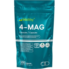 Wellthy 4-MAG Magnesio Complex 200 Cápsulas. Equivalente a 360mg de Magnesio. Citrato de Magnesio, Glicinato de Magnesio, Malato de Magnesio y Magnesio Marino, Cápsulas Veganas, Bottle Free.