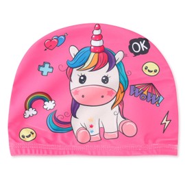 Tabanzhe Cute Unicorn Pattern Waterproof Swimming Hat,Stretchy Swim Caps for Kids Girls Boys,Keep Hair Dry Non-Slip Swimming Bathing Hat for Long and Short Hair