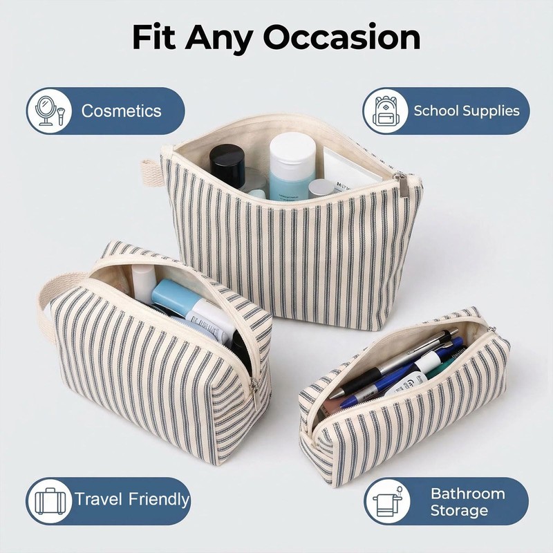 Beayuva 3 Pcs Canvas Makeup Bag Set Cosmetic Pouch for