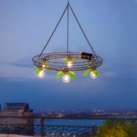 Battery Operated Outdoor Chandelier, Decorative Hanging Pendant Lights with 6pcs G40 Bulbs, Rust Finish Metal Wire Floral shade, Brightness Adjustable with Timer for Pergola Gazebo Porch Patio Decor
