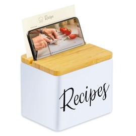 NEAT SECRETS Recipe Box With Cards and Dividers, White Metal Body, Wooden Lid with Phone Holder and Recipe Card Holder, Includes Set Of 150 4x6 Recipe Cards and 15 Recipe Card Dividers