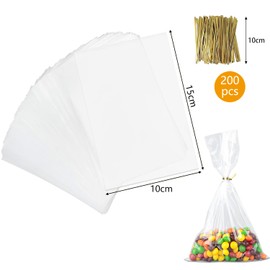 Pack of 200 Cellophane Bags, 15 x 10 cm Transparent Bags for Filling, Candy Gift Bags with Ties, Candy Bags, Cellophane Bags, for Wedding, Birthday, Christmas Party