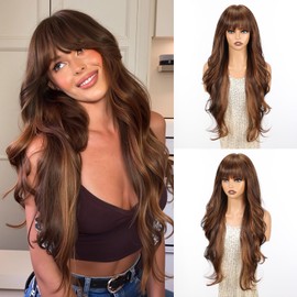 Brown Mixed Blonde Wavy Wig with Bangs, 28 Inches Layered Long Curly Wig for Adult Women, Heat-Resistant Synthetic Hair Replacement Wigs, Natural Appearance in Brown,for Daily Use