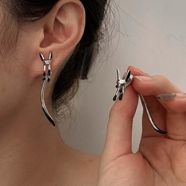 Atentuyi Gothic Black Small Fox Stud Earrings Fox Dangle Drop Earrings Long Wagging Tail Earrings Silver Ear Jacket Front Back Earrings Animal Cute Earrings Jewelry for Women and Girls