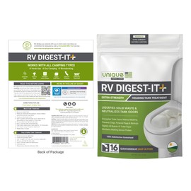 Unique RV Digest-It+, Extra-Strength Black Tank Treatment for RVs - Drop-in Pod RV Toilet Treatment, Eliminates Odor, Liquefies Waste, Prevents Sensor Misreading, CA Compliant (48 Pods)