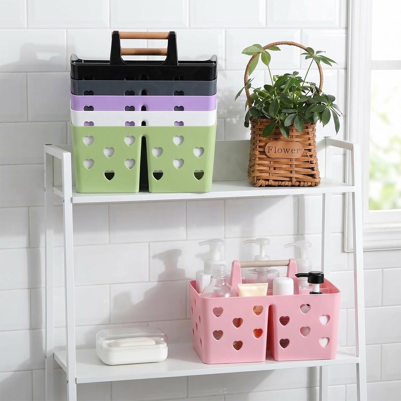 Black Portable Shower Caddy, Plastic Basket Organizer with Wooden Handle