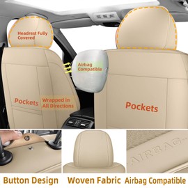 EifBrisa Car Seat Covers Full Set,Premium Faux Leather Seat Covers for Cars SUV,Super Breathable,Storage Bags,Full Wrapping Edge,Universal Seat Covers Fit for Most Sedans (Beige Full)