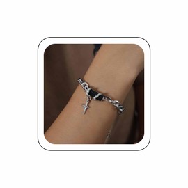 Wendalern Silver Cuban Link Chain Bracelet for Women Black Rectangle Crystal Bracelet Layered Curb Chain Star Charms Bracelet Cool Jewerly for Women Men