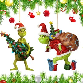 Grinch Christmas Ornaments, Pack of 2 Grinch Christmas Decorations Figure, New Year Grinch Ornament, Grinch Hanging Ornament for Christmas, Door, Window, Indoor and Outdoor, Christmas Decorations