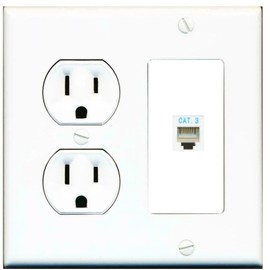 RiteAV [ 2 GANG ] 15 Amp Duplex Round Power Outlet Phone CAT3 Jack Wall Plate