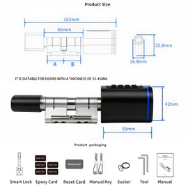 Smart Door Lock, Euro Door Smart Cylinder Lock, Electronic Locks Applicable to Wooden Iron Security Door (Black)