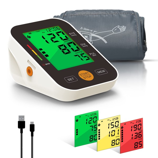 Panacare Fully Automatic Upper Arm Blood Pressure Monitor, 3-Colour Large Display with Backlight, BP Machine Monitor, Upper Arm Circumferences of 22-42 cm, Automatic Blood Pressure Monitor, 2 Users