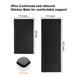Artnice Kitchen Mats Anti Fatigue 2 Pieces 0.47 Inch,Black Kitchen Mats for Floor,Memory Foam Comfort Mat for Kitchen Floor,Waterproof Anti Fatigue Mats for Kitchen Floor,Office,Sink,Laundry
