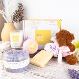 Pamper Belle Get Well Soon Pamper Gifts for Women, Self Care Package for Her, Unique Thinking of You Wellbeing Present, 5 pc Get Better Soon Pamper Hamper with Teddy for Women, Best Friend, Sister