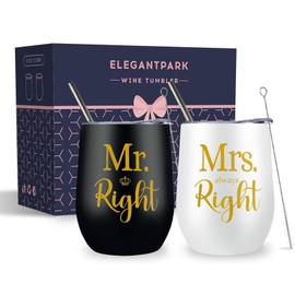 ELEGANTPARK Wedding Gifts for Couple Mr and Mrs Gifts Engagement Gifts for Bride and Groom Cups Newlyweds Valentines Anniversary His & Hers Gifts Stainless Steel Wine Tumbler with Lid and Straw 12 OZ