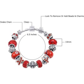 Savlano Silver Tone Red Charm Bracelet with Crystal and Murano Glass Beads Snake Chain for Women Comes in a Gift Box