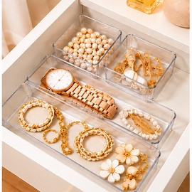 Clear Plastic Drawer Organizers for Makeup, Jewelry & Office Supplies – 7-Piece Storage Tray Set for Neat, Organized Drawers