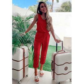 PRETTYGARDEN - Conjunto de dos piezas para mujer, casual, sin mangas, cuello redondo, pantalones deportivos y pantalones deportivos, ropa de descanso, Rojo -, X-Large
