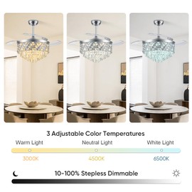 TXCSLY 42" Fandelier Ceiling Fan with Light, Crystal Chandelier Fan with Retractable Blades LED Dimmable Retractable Ceiling Fan Chandelier for Bedroom Living Room Dining Room-Chrome
