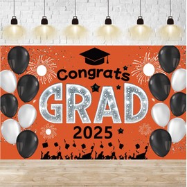 Congrats Grad 2025 Banner Orange White and Black Graduation Banner Orange Graduation Party Decorations 2025 - Class of 2025 Graduation Photo Backdrop Graduation Party Supplies 2025-72x44 inch