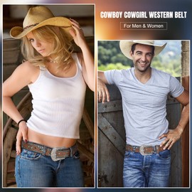 JASGOOD Men Women Western Leather Belt Cowhide Engraved Belt Western Cowboy Cowgirl Country Belt with Retro Buckle for Jeans Dresses Brown S